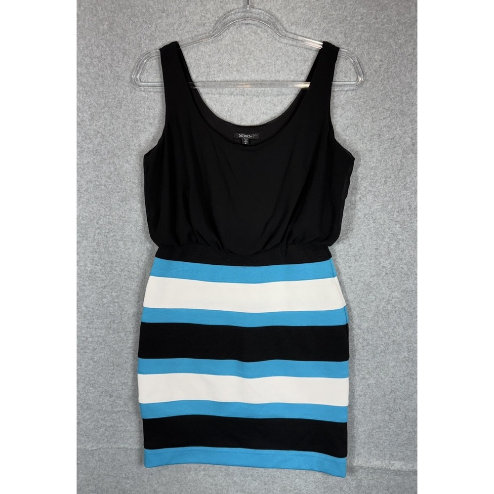 XOXO Dress Womens Medium Black Blue White Striped Sleeveless Scoop Neck Mini